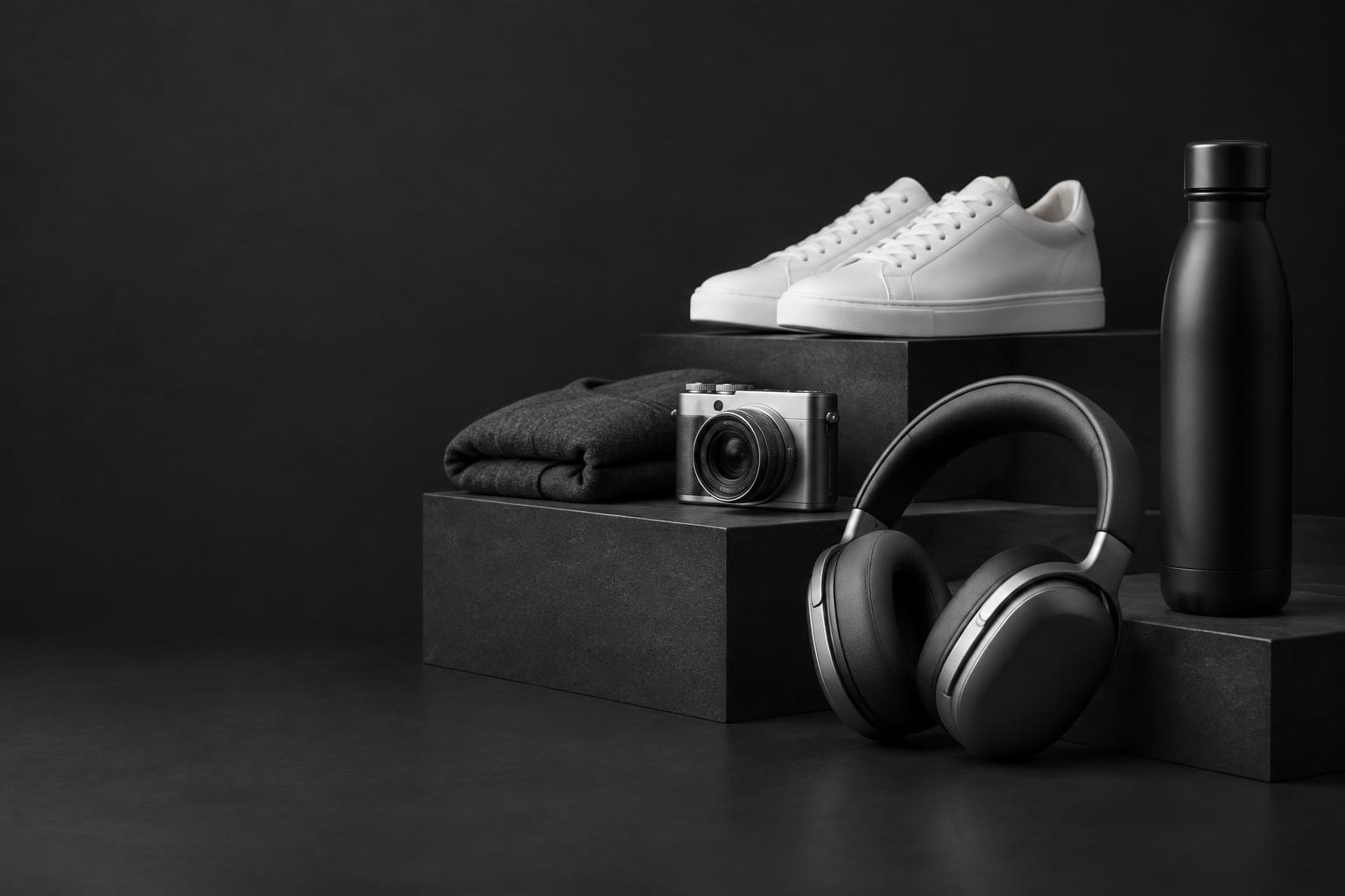 A curated collection of headphones, a camera, sneakers, and everyday accessories